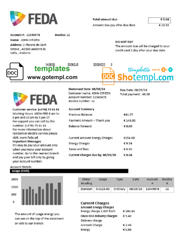 editable template, Andorra ELECTRIC FORCES OF ANDORRA utility bill template in Word and PDF format
