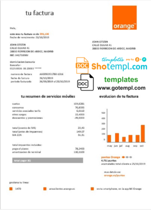 editable template, Spain Orange easy fillable utility bill template in Word and PDF format