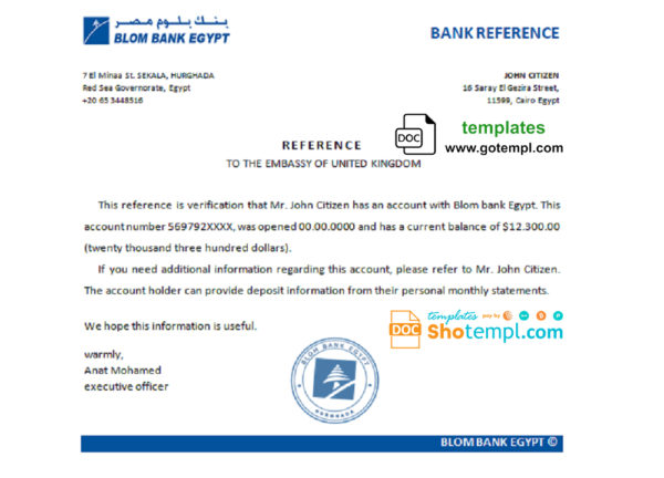 editable template, Egypt Blom Bank of Egypt  bank account reference template in Word and PDF format (.doc and .pdf)