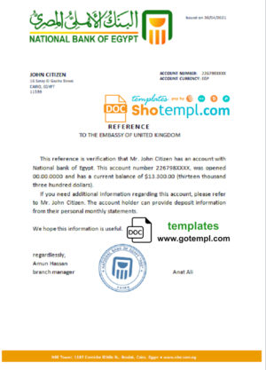 editable template, Egypt National Bank of Egypt bank account reference template in Word and PDF format (.doc and .pdf)