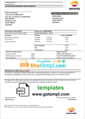 editable template, Spain Repsol gas utility bill template in Word and PDF format