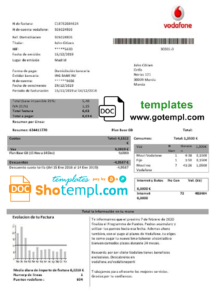 editable template, Spain Vodafone telecommunications utility bill template in Word and PDF format
