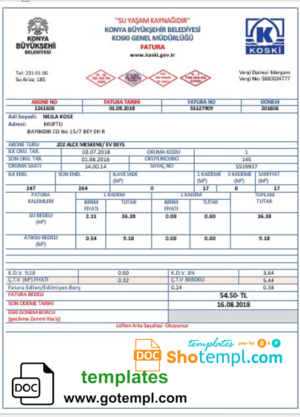 editable template, Turkey water utility bill template in Word and PDF format