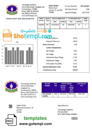 editable template, Turkmenistan Turkmengaz utility bill template in Word and PDF format