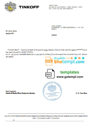 editable template, Russia Tinkoff bank reference (USD) letter template in Word and PDF format (in English)