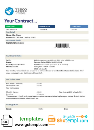 editable template, United Kingdom Tesco Mobile utility bill template in Word and PDF format