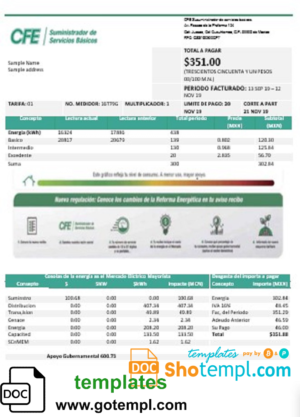 editable template, Mexico Electricity CFE utility bill template in Word and PDF format, fully editable
