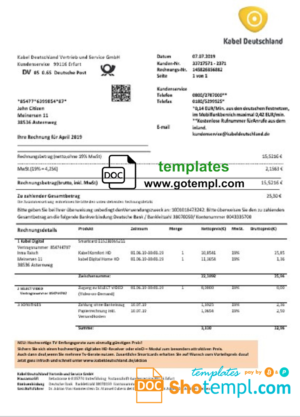 editable template, Germany TV Cabel utility bill template in Word and PDF format, fully editable