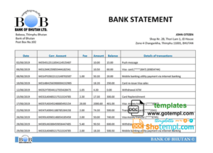 editable template, Bhutan Bank of Bhutan bank statement easy to fill template in Word and PDF format
