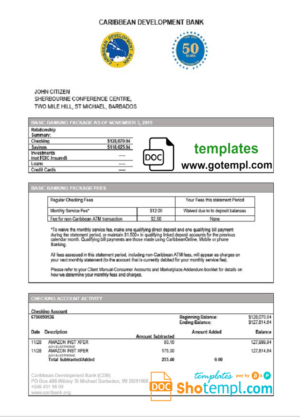 editable template, Barbados Caribbean Development Bank statement template in Word and PDF format