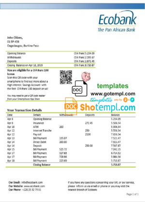 editable template, Burkina Faso Ecobank proof of address bank statement template in Word and PDF format (.doc and .pdf)