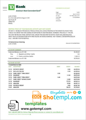 editable template, Brazil TD bank proof of address statement template in Word and PDF format (.doc and .pdf)