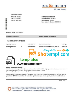 editable template, Australia ING Direct bank statement easy to fill template in Word and PDF format
