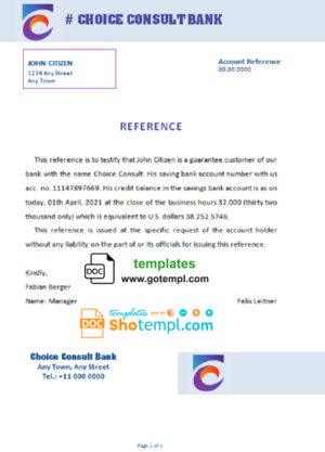 editable template, # choice consult bank universal multipurpose bank account reference template in Word and PDF format