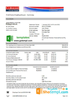 editable template, Australia Colonial First State Bank statement template in Excel and PDF format, fully editable