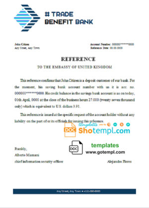 editable template, # trade benefit bank universal multipurpose bank account reference template in Word and PDF format