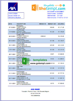 editable template, Belgium AXA bank statement easy to fill template in .xls and .pdf file format