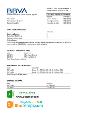 editable template, Argentina BBVA bank statement template in Excel and PDF format