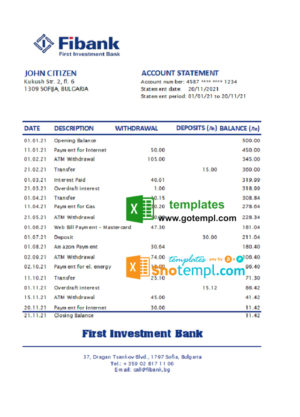 editable template, Bulgaria Fibank bank statement easy to fill template in Excel and PDF format (AutoSum)