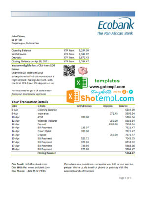 editable template, Burkina Faso Ecobank bank statement easy to fill template in Excel and PDF format