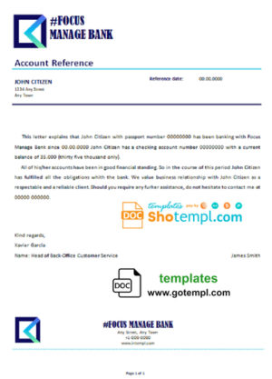 editable template, # focus manage bank universal multipurpose bank account reference template in Word and PDF format