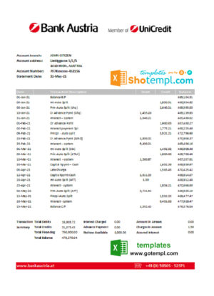 editable template, Austria Bank Austria bank statement easy to fill template in Excel and PDF format