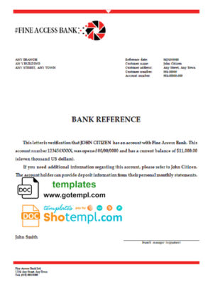 editable template, # fine access bank universal multipurpose bank account reference template in Word and PDF format