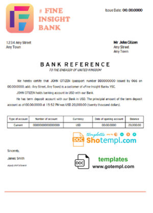 editable template, # fine insight bank universal multipurpose bank account reference template in Word and PDF format