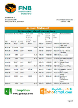 editable template, Botswana FNB of Botswana bank statement template in .xls and .pdf file format, fully editable