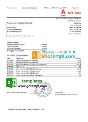 editable template, Belarus Alfa bank statement template in Excel and PDF format