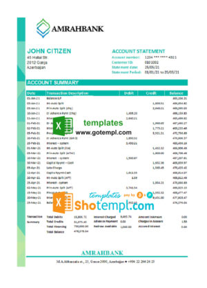 editable template, Azerbaijan Amrahbank bank statement easy to fill template in Excel and PDF format