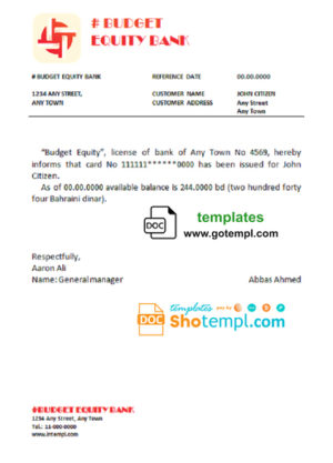 editable template, # budget equity bank universal multipurpose bank account reference template in Word and PDF format