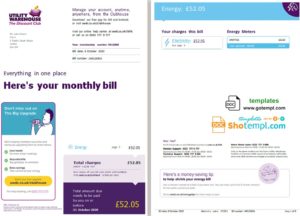 editable template, United Kingdom Utility Warehouse electricity utility bill template in Word and PDF format (6 pages)