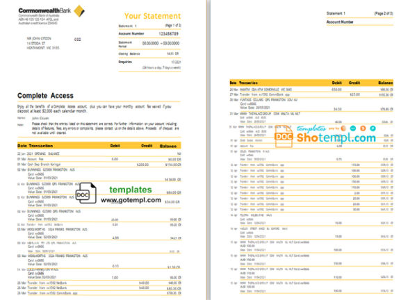 editable template, Australia Commonwealth bank statement template in Word and PDF format (3 pages), version 2