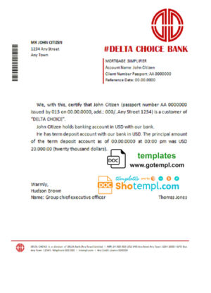 editable template, # delta choice bank universal multipurpose bank account reference template in Word and PDF format