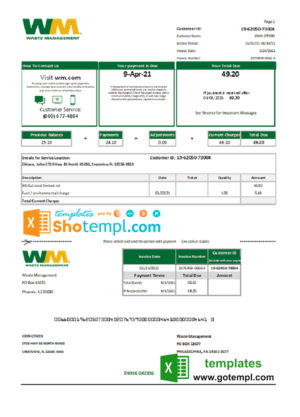 editable template, USA Waste Management bank statement template in Excel and PDF format