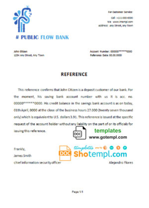 editable template, # public flow bank universal multipurpose bank account reference template in Word and PDF format