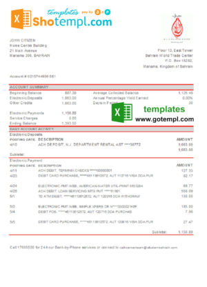editable template, Bahrain Al Salam bank statement easy to fill template in Excel and PDF format