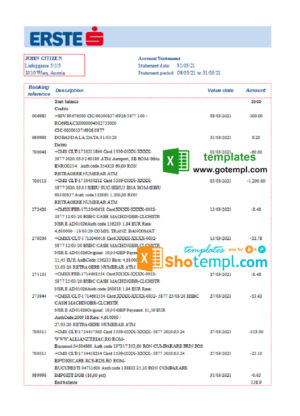 editable template, Austria Erste Group bank statement easy to fill template in Excel and PDF format
