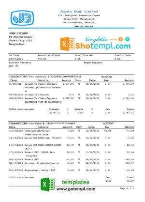 editable template, Bangladesh Janata bank statement easy to fill template in .xls and .pdf file format