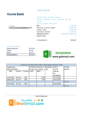 editable template, Australia Humebank bank statement easy to fill template in Excel and PDF format