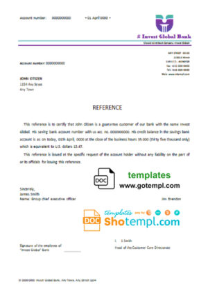 editable template, # invest global bank universal multipurpose bank account reference template in Word and PDF format