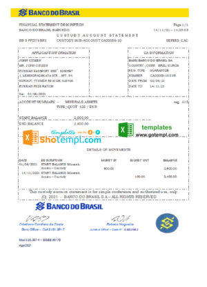 editable template, Brazil Banco do Brasil bank statement easy to fill template in Excel and PDF format