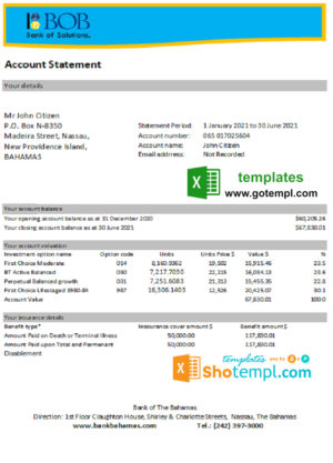 editable template, Bahamas Bank of the Bahamas bank statement easy to fill template in .xls and .pdf file format