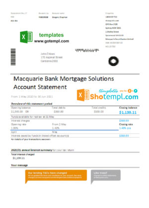 editable template, Australia Macquire Bank statement easy to fill template in Excel and PDF format