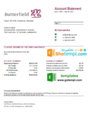 editable template, Barbados Butterfield bank statement easy to fill template in .xls and .pdf file format
