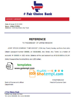 editable template, # fair choice bank universal multipurpose bank account reference template in Word and PDF format