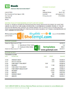 editable template, Brazil TD bank statement easy to fill template in Excel and PDF format
