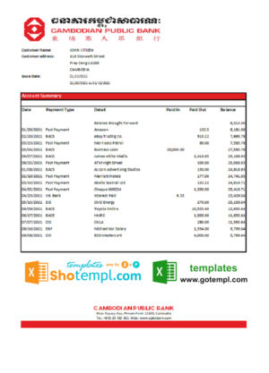 editable template, Cambodia Cambodian Public Bank statement easy to fill template in Excel and PDF format
