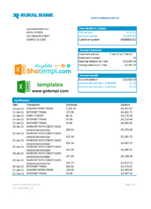 editable template, Australia Rural Bank statement easy to fill template in Excel and PDF format